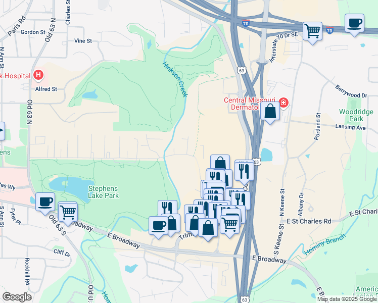map of restaurants, bars, coffee shops, grocery stores, and more near 2703 East Walnut Street in Columbia