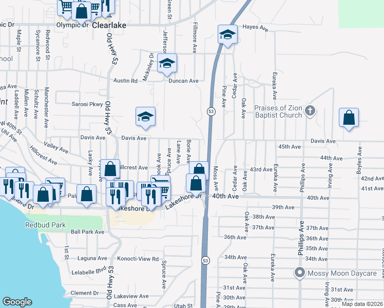 map of restaurants, bars, coffee shops, grocery stores, and more near 4124 Borie Avenue in Clearlake