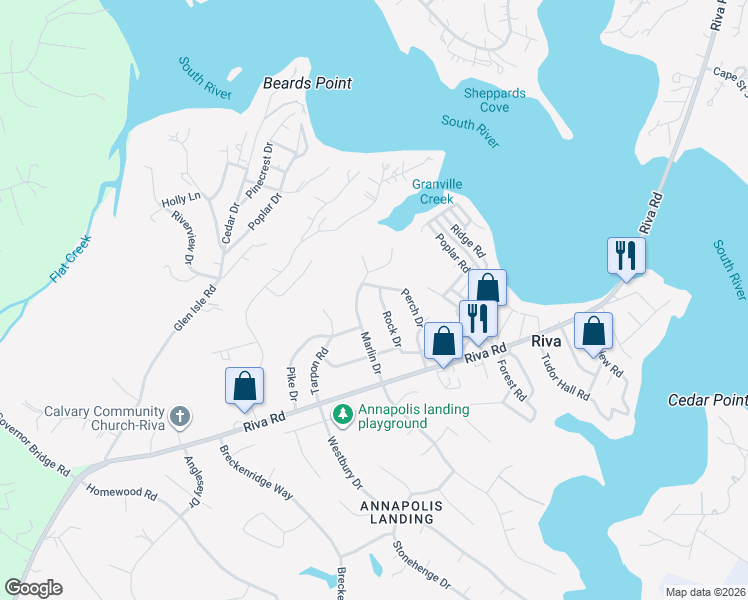 map of restaurants, bars, coffee shops, grocery stores, and more near 3017 Marlin Drive in Riva