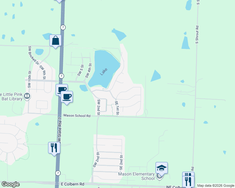 map of restaurants, bars, coffee shops, grocery stores, and more near 105 Southeast Riley Street in Blue Springs