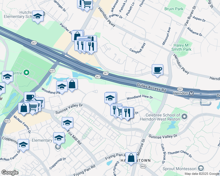 map of restaurants, bars, coffee shops, grocery stores, and more near 2251 Corporate Park Drive in Herndon
