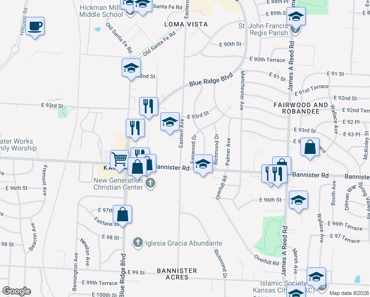 map of restaurants, bars, coffee shops, grocery stores, and more near 9405 Eastern Avenue in Kansas City