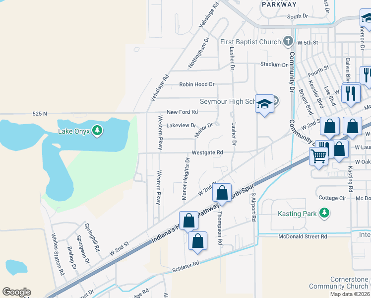 map of restaurants, bars, coffee shops, grocery stores, and more near 1524 Westgate Road in Seymour