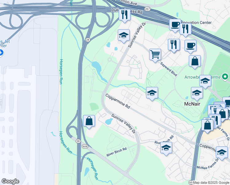 map of restaurants, bars, coffee shops, grocery stores, and more near 13800 Coppermine Road in Herndon