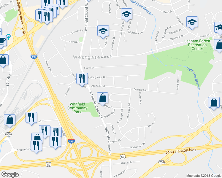 map of restaurants, bars, coffee shops, grocery stores, and more near 8807 Crandall Road in Lanham-Seabrook