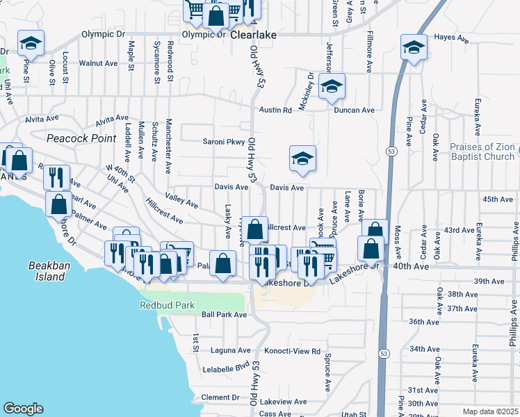 map of restaurants, bars, coffee shops, grocery stores, and more near 4173 Old Highway 53 in Clearlake