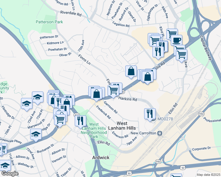 map of restaurants, bars, coffee shops, grocery stores, and more near 7729 Finns Lane in Lanham