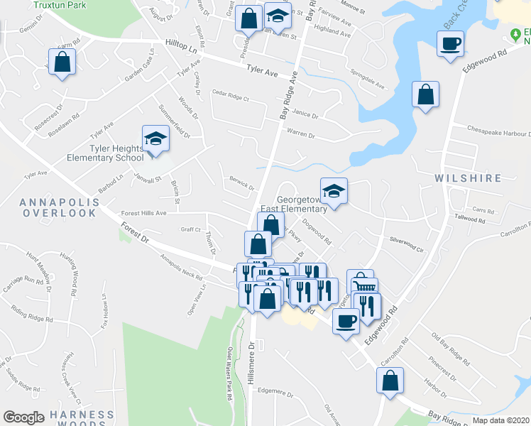 map of restaurants, bars, coffee shops, grocery stores, and more near 6 Victor Parkway in Annapolis
