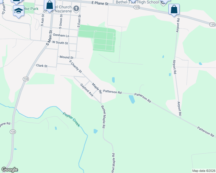 map of restaurants, bars, coffee shops, grocery stores, and more near 3346 Patterson Road in Bethel