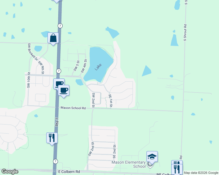 map of restaurants, bars, coffee shops, grocery stores, and more near 105 Southeast Riley Street in Blue Springs