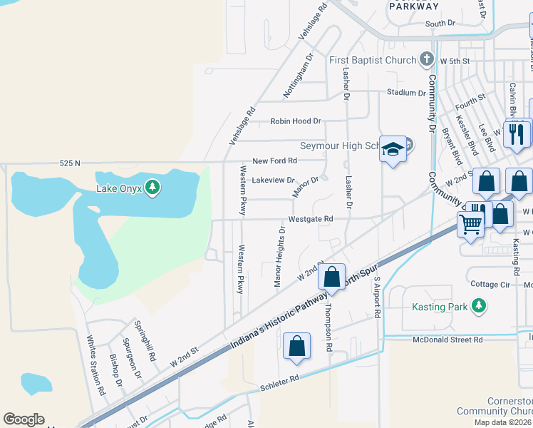 map of restaurants, bars, coffee shops, grocery stores, and more near 1524 Westgate Road in Seymour