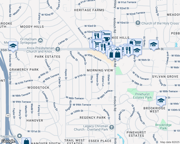 map of restaurants, bars, coffee shops, grocery stores, and more near 9626 Eby Street in Overland Park