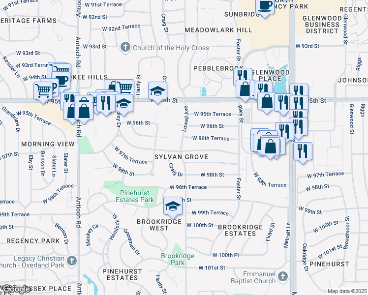 map of restaurants, bars, coffee shops, grocery stores, and more near 9639 Lowell Avenue in Overland Park