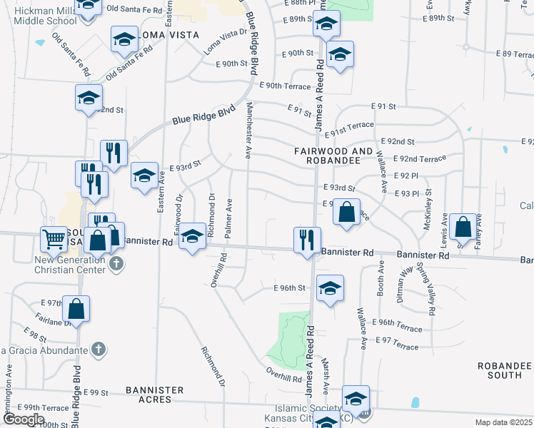 map of restaurants, bars, coffee shops, grocery stores, and more near 9408 Sycamore Court in Kansas City