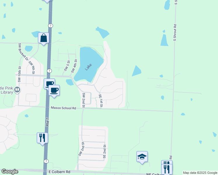 map of restaurants, bars, coffee shops, grocery stores, and more near 116 Southeast Riley Street in Blue Springs