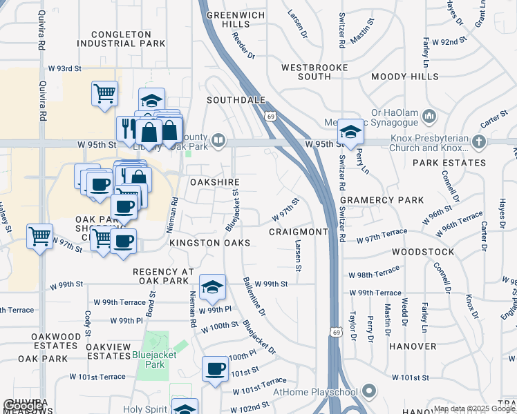 map of restaurants, bars, coffee shops, grocery stores, and more near 10714 West 96th Place in Overland Park