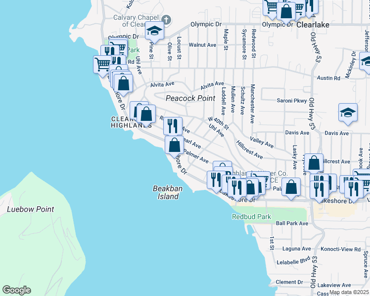 map of restaurants, bars, coffee shops, grocery stores, and more near 14400 Lakeshore Drive in Clearlake