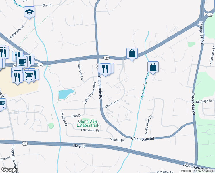 map of restaurants, bars, coffee shops, grocery stores, and more near 11231 Raging Brook Drive in Bowie