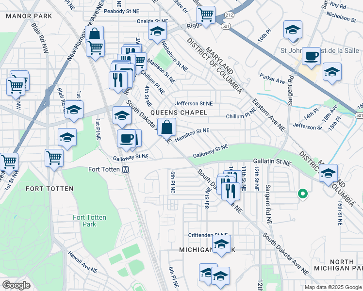 map of restaurants, bars, coffee shops, grocery stores, and more near 5171 South Dakota Avenue Northeast in Washington