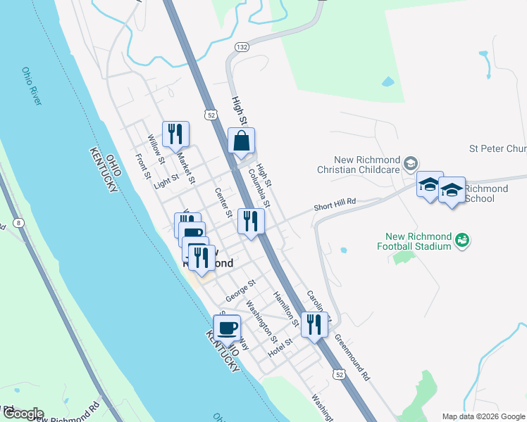map of restaurants, bars, coffee shops, grocery stores, and more near 215 Columbia St in New Richmond