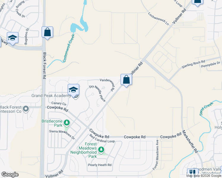 map of restaurants, bars, coffee shops, grocery stores, and more near 9075 Vanderwood Road in Colorado Springs
