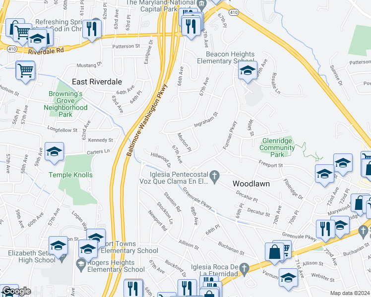 map of restaurants, bars, coffee shops, grocery stores, and more near 5402 Morton Place in Woodlawn