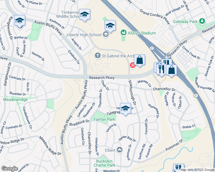 map of restaurants, bars, coffee shops, grocery stores, and more near 8403 Chancellor Drive in Colorado Springs
