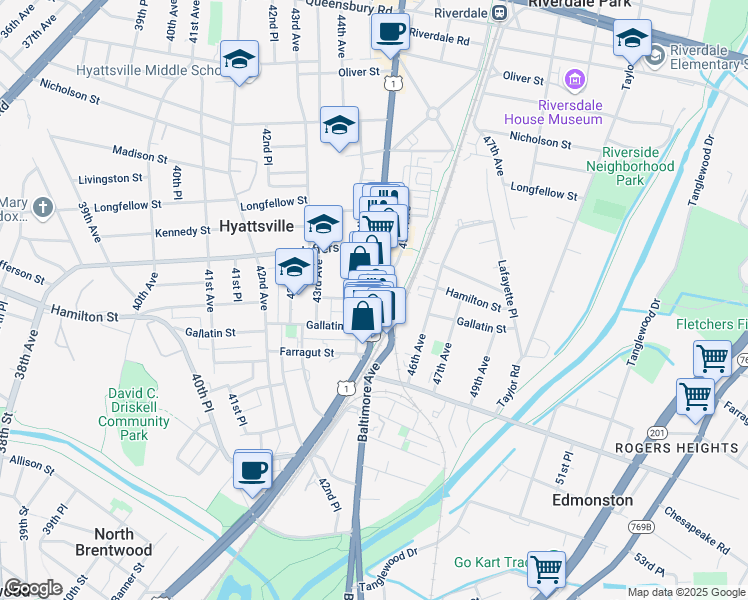 map of restaurants, bars, coffee shops, grocery stores, and more near 5300 Baltimore Avenue in Hyattsville