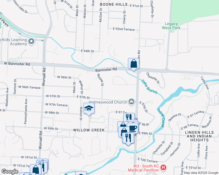 map of restaurants, bars, coffee shops, grocery stores, and more near 615 East 96th Street in Kansas City