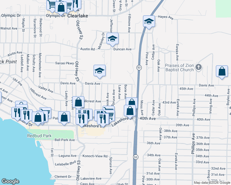 map of restaurants, bars, coffee shops, grocery stores, and more near 4113 Spruce Avenue in Clearlake