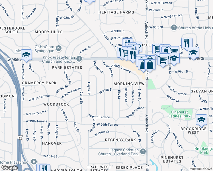 map of restaurants, bars, coffee shops, grocery stores, and more near 9624 Grandview Drive in Overland Park