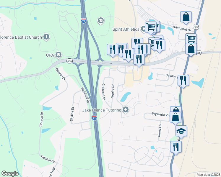 map of restaurants, bars, coffee shops, grocery stores, and more near 10103 Squire Drive in Florence
