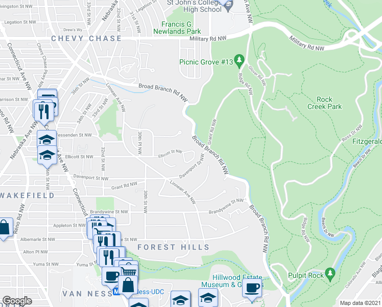 map of restaurants, bars, coffee shops, grocery stores, and more near 2800 Ellicott Street Northwest in Washington