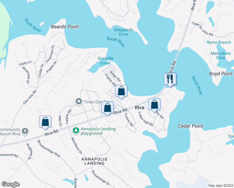 map of restaurants, bars, coffee shops, grocery stores, and more near 110 Woodside Road in Riva