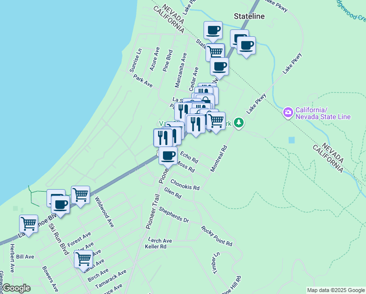 map of restaurants, bars, coffee shops, grocery stores, and more near 1008 Fern Road in South Lake Tahoe