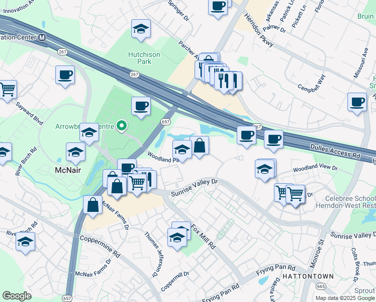 map of restaurants, bars, coffee shops, grocery stores, and more near 13230 Woodland Park Road in Herndon