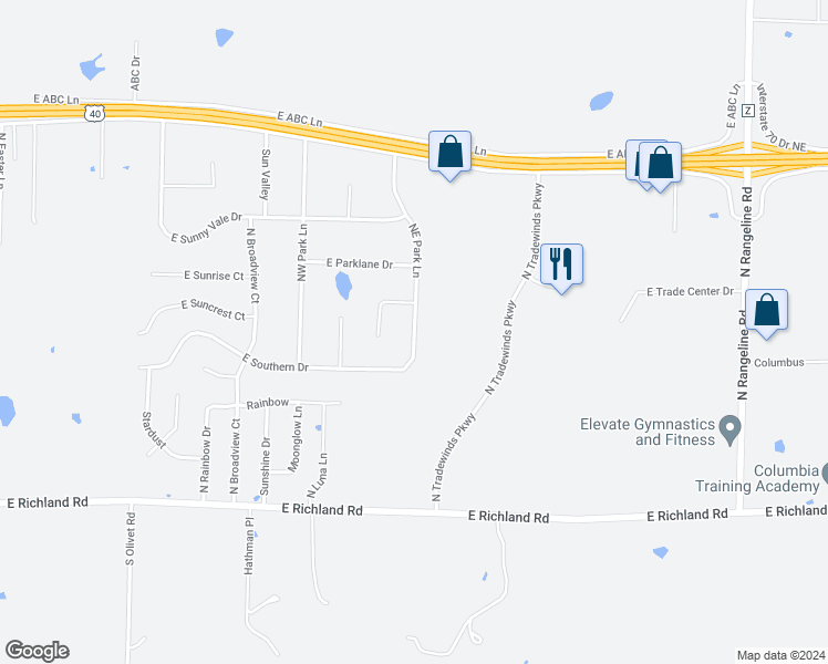 map of restaurants, bars, coffee shops, grocery stores, and more near 501 Northeast Park Lane in Columbia