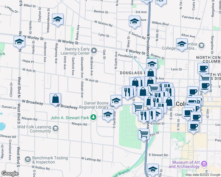 map of restaurants, bars, coffee shops, grocery stores, and more near 108 West Ash Street in Columbia