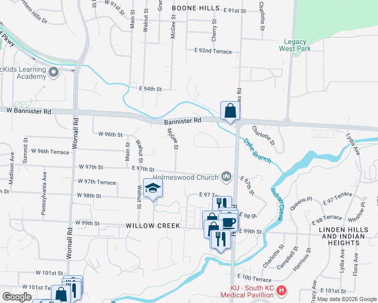 map of restaurants, bars, coffee shops, grocery stores, and more near 615 East 96th Street in Kansas City