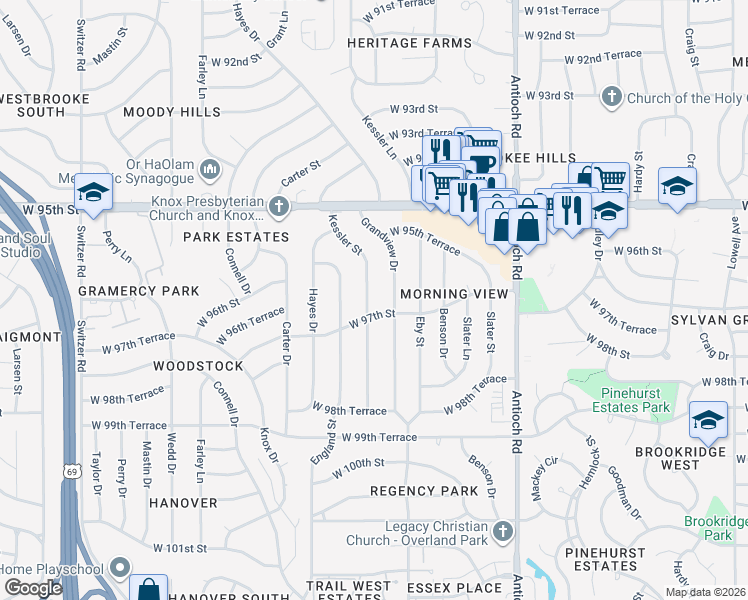 map of restaurants, bars, coffee shops, grocery stores, and more near 9624 Grandview Drive in Overland Park