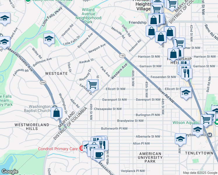 map of restaurants, bars, coffee shops, grocery stores, and more near 4731 Ellicott Street Northwest in Washington