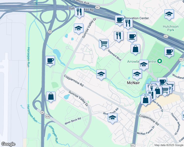 map of restaurants, bars, coffee shops, grocery stores, and more near 13716 Maple Sugar Lane in Herndon