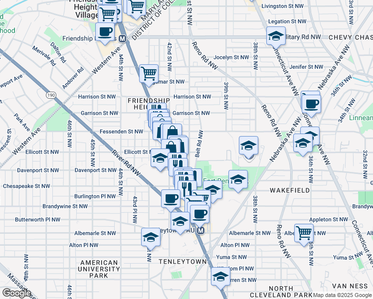 map of restaurants, bars, coffee shops, grocery stores, and more near 4900 41st Street Northwest in Washington