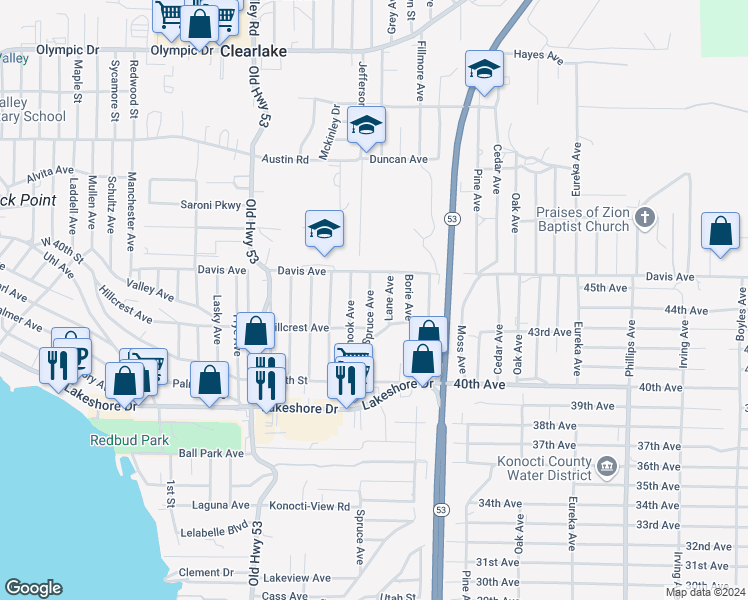 map of restaurants, bars, coffee shops, grocery stores, and more near 4110 Spruce Avenue in Clearlake