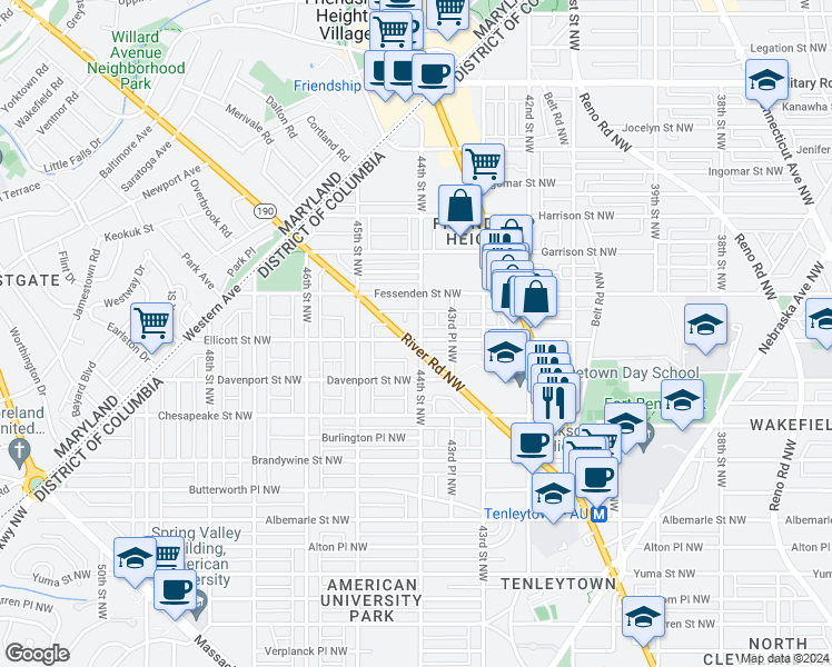 map of restaurants, bars, coffee shops, grocery stores, and more near 4401 Ellicott Street Northwest in Washington