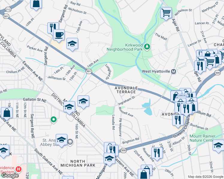 map of restaurants, bars, coffee shops, grocery stores, and more near 5421 19th Avenue in Hyattsville