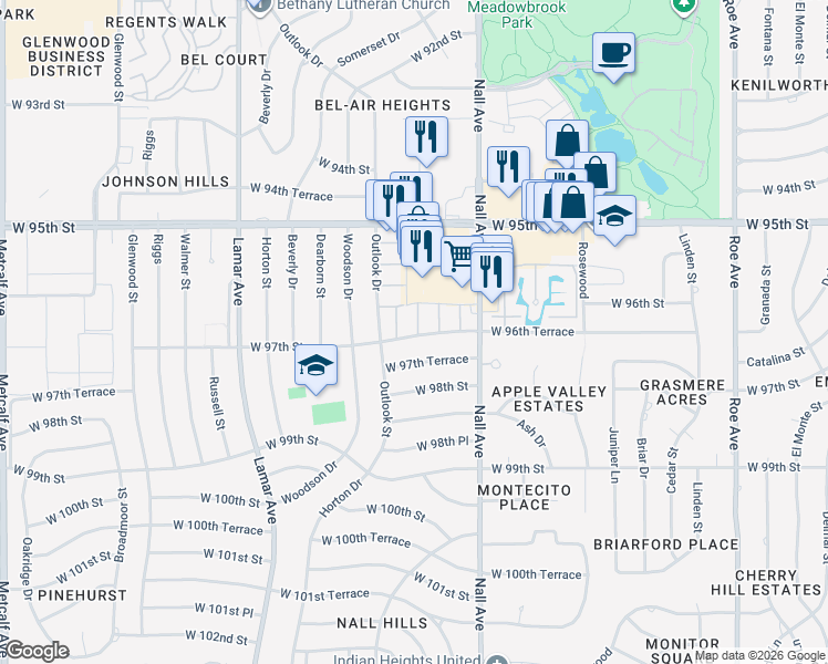 map of restaurants, bars, coffee shops, grocery stores, and more near 5700 West 97th Street in Overland Park
