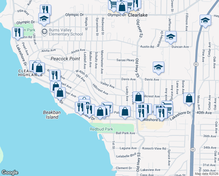 map of restaurants, bars, coffee shops, grocery stores, and more near 14817 Valley Avenue in Clearlake
