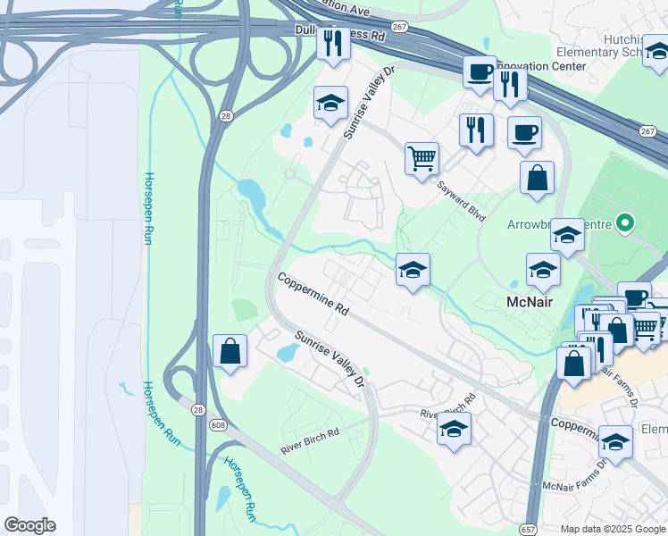 map of restaurants, bars, coffee shops, grocery stores, and more near 2457 Terra Cotta Circle in Herndon