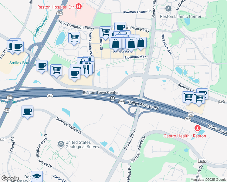map of restaurants, bars, coffee shops, grocery stores, and more near 12023 Sunset Hills Road in Reston